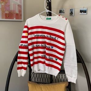 Striped French Sweater w Hearts & Button Shoulder